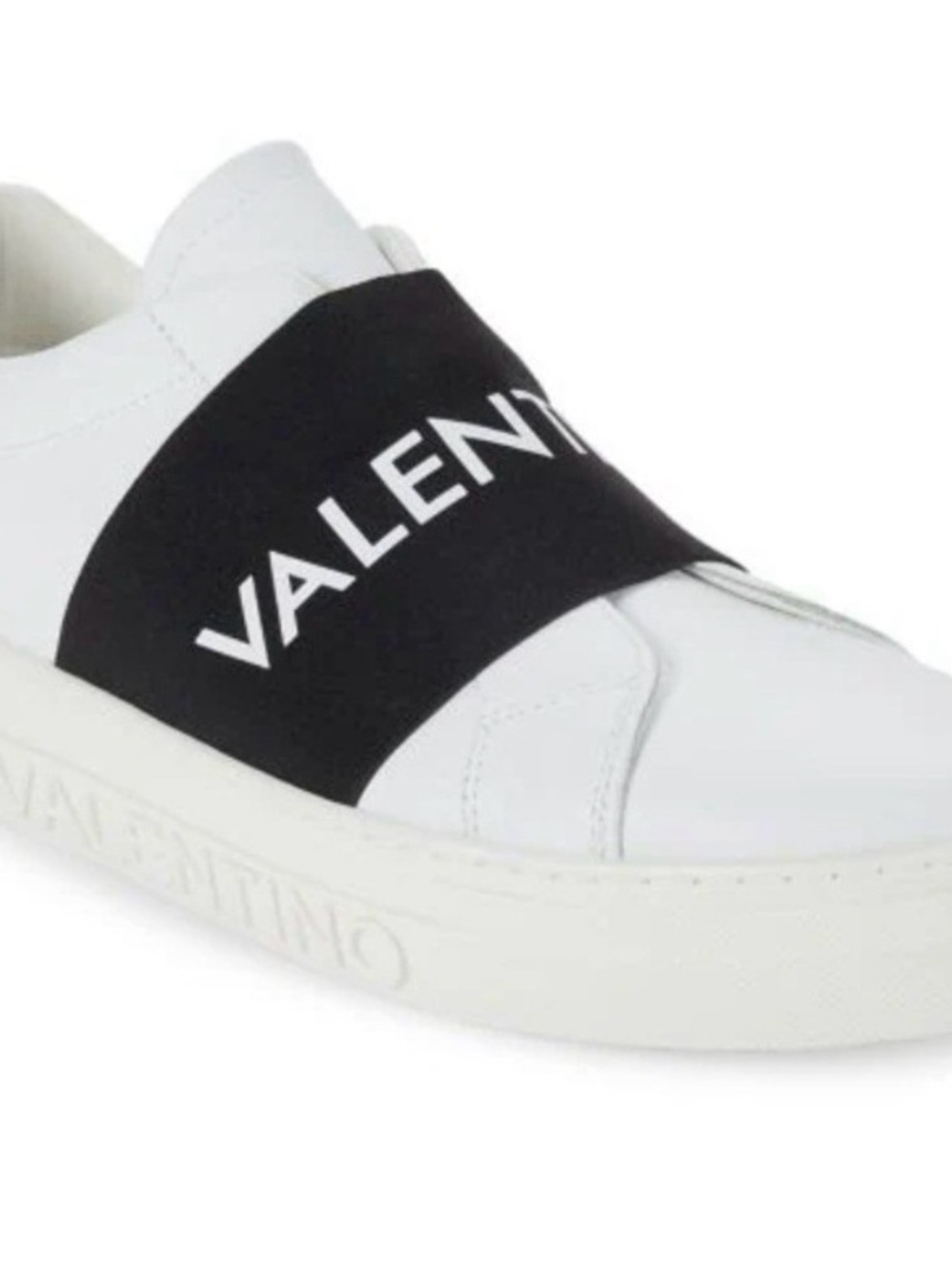 Valentino White Leather Slip-On Sneaker with Black Logo Strap